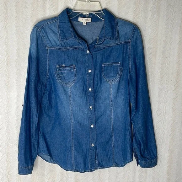 Women's Blue Button Down Shirt - Picture 3 of 6